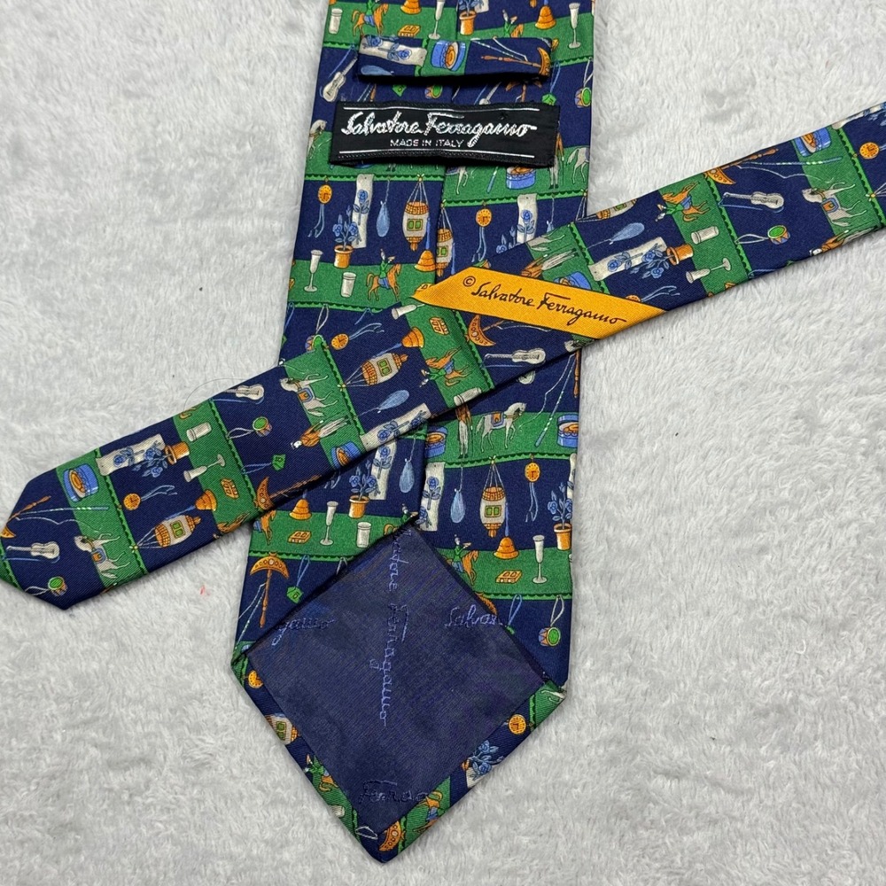 Salvatore Ferragamo Men's Silk Novelty Print Necktie - Horses Umbrellas Lanterns